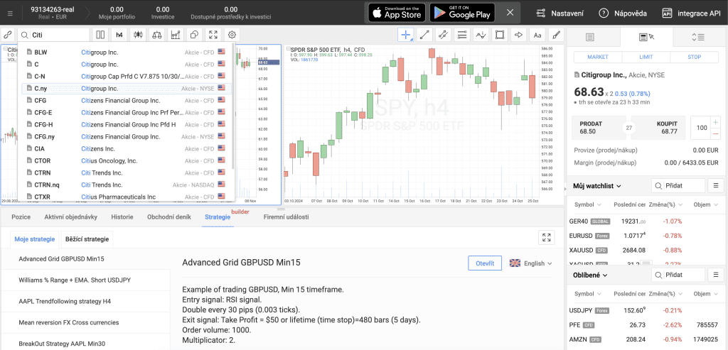 Vyhledání akcie Citigroup na Robomarkets
