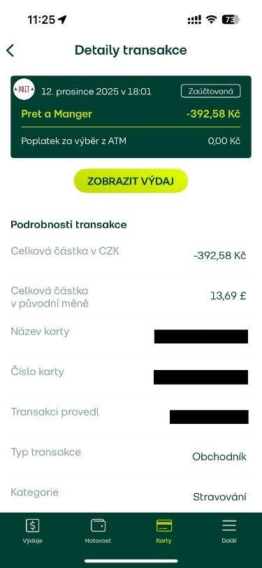 Fidoo aplikace detail transakce