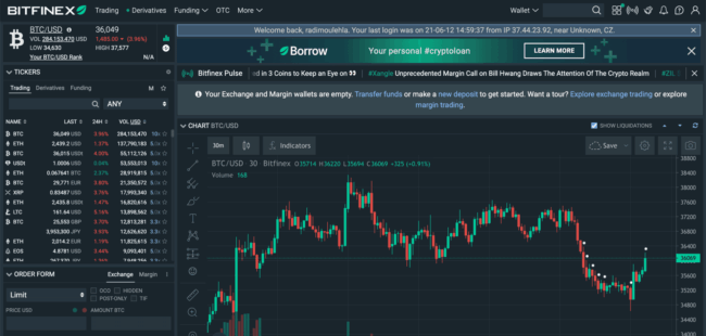 Bitfinex - Rozhraní platformy