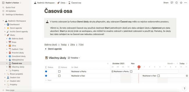 Notion šablona - Časová osa