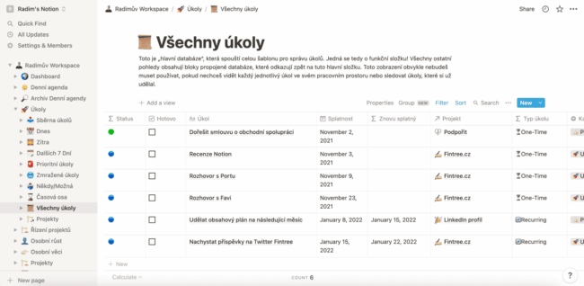 Notion šablona - Všechny úkoly