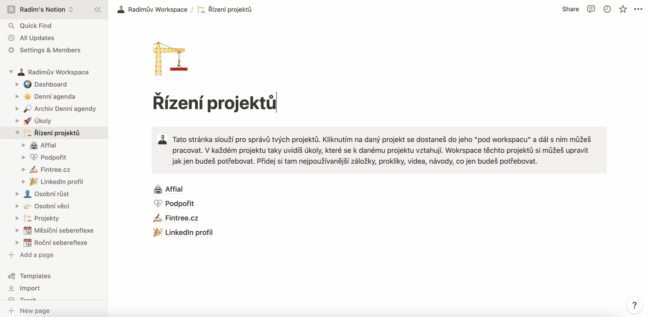 Notion šablona - Řízení projektů
