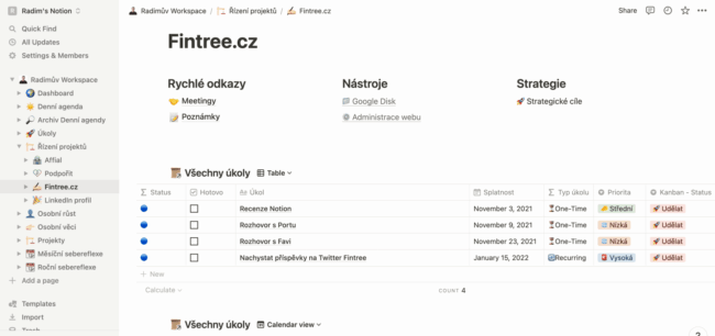 Notion šablona - Řízení Fintree