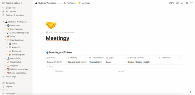 Notion šablona - Fintree meetingy