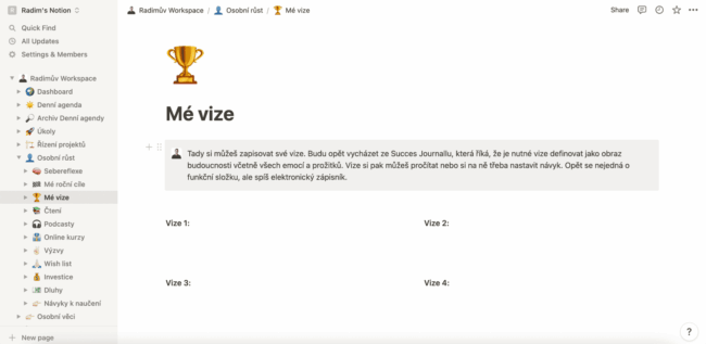 Notion šablona - Vize