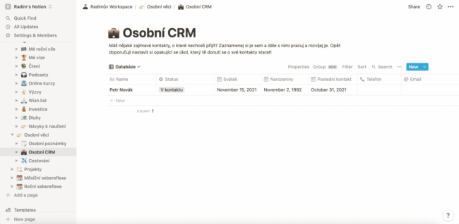 Notion šablona - Osobní CRM