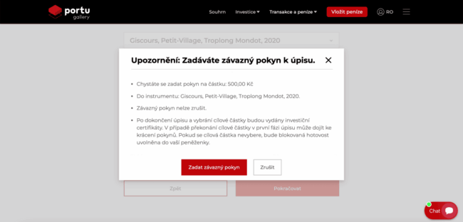 Portu Gallery - potvrzení pokynu