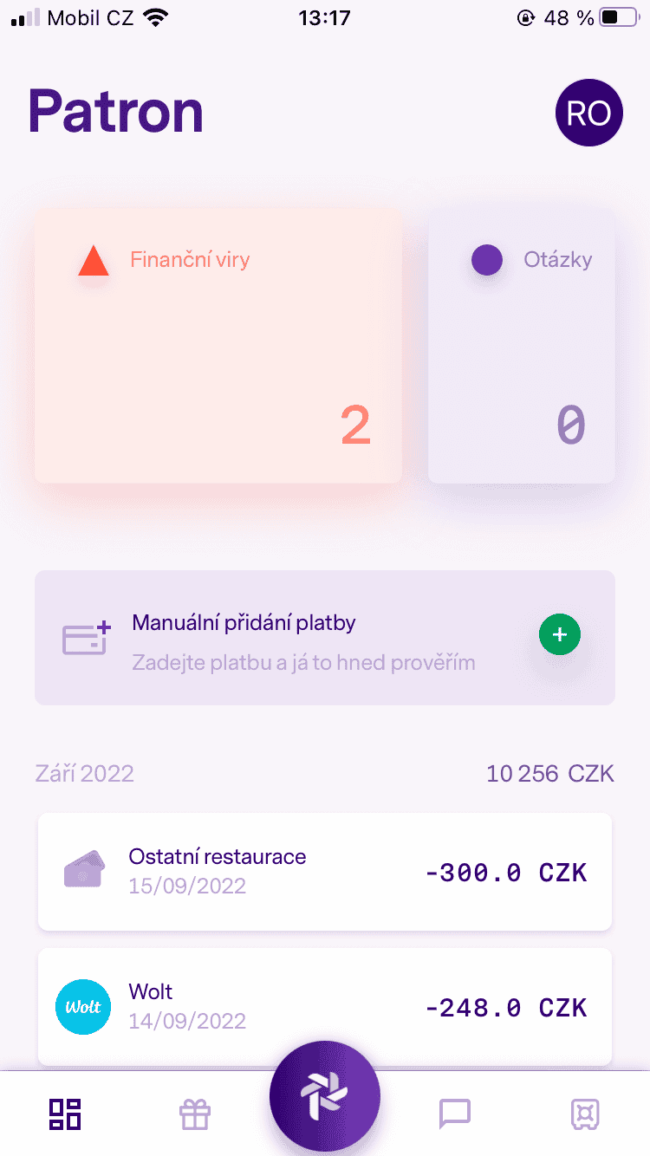 patron go - hlavní obrazovka