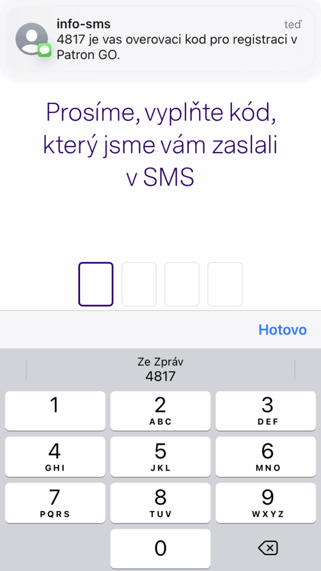 patron go - sms kód
