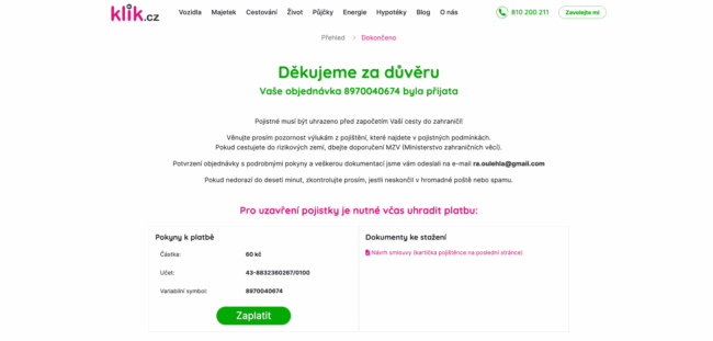 Recenze Klik.cz - Platba za cestovní pojištění