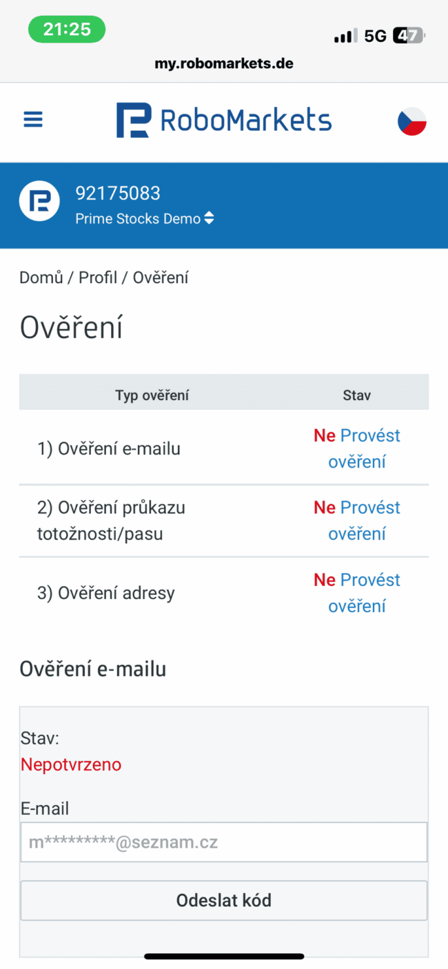Robomarkets APP- registrace