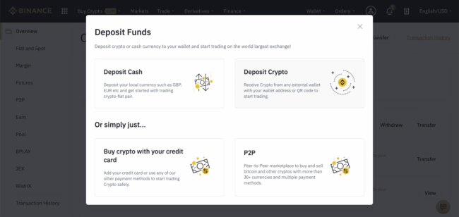 Binance - Možnosti vkladu